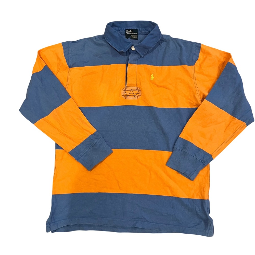 Polo Ralph Lauren Boys Large 16/18 Rugby Shirt Blue Orange Striped Long Sleeve